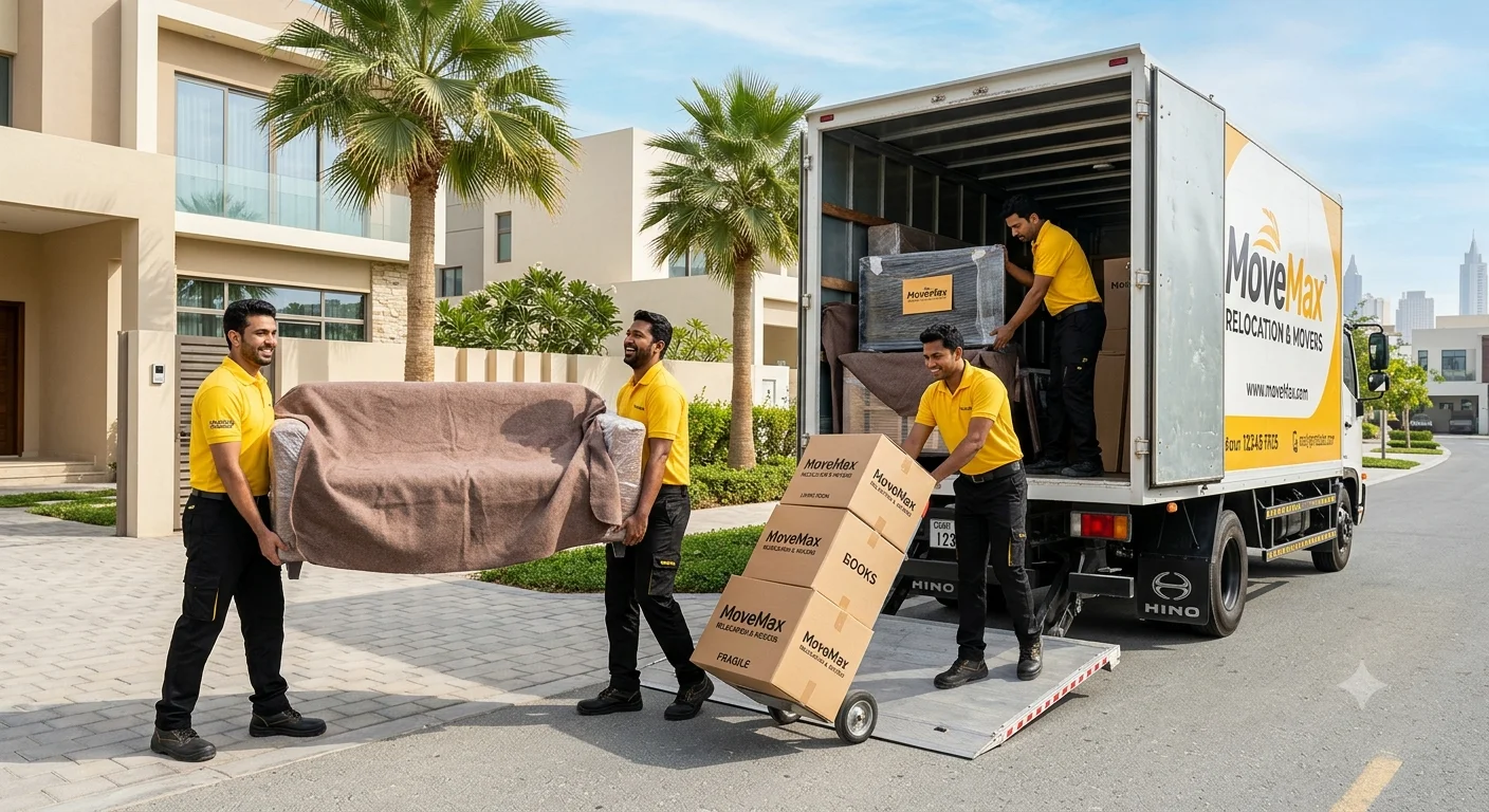 Professional home movers loading household furniture into a moving truck in Dubai