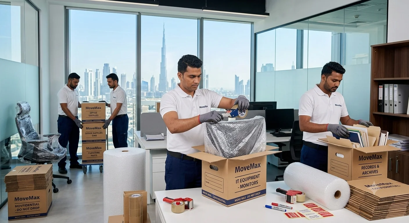 Office movers packing computers, office furniture and business equipment