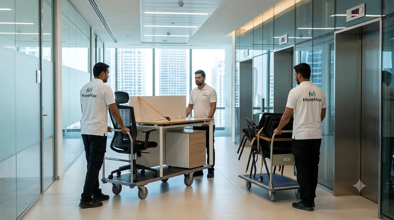 Commercial office moving truck transporting office furniture in Dubai