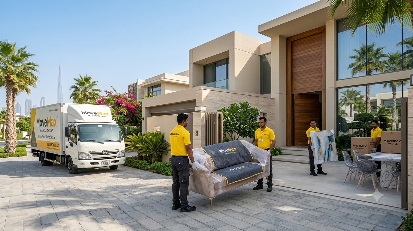 MoveMax UAE team carefully packing luxury villa furniture for relocation in Dubai