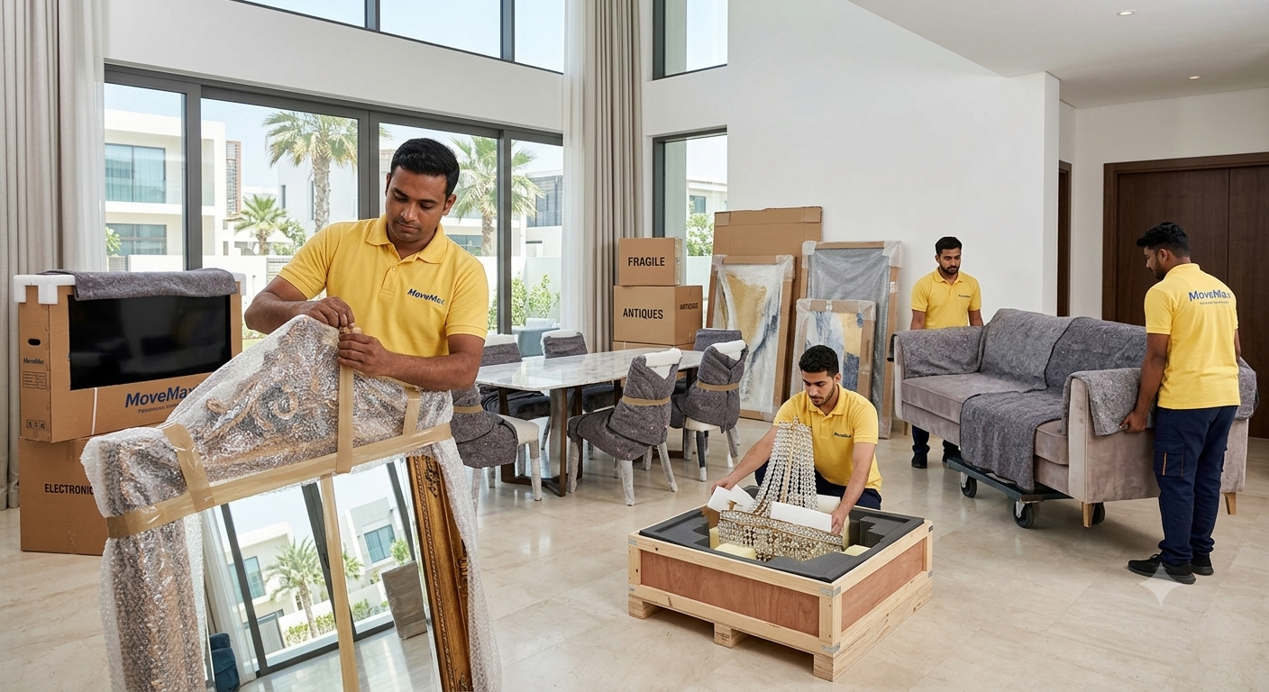 Professional MoveMax UAE movers loading premium villa furniture onto a moving truck