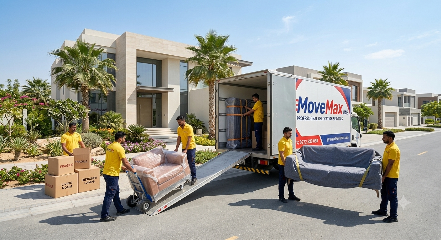 MoveMax UAE specialists assembling and arranging furniture after a luxury villa relocation
